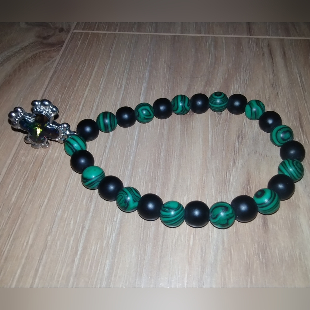 1of1 Swarovski Cross Pendent with Malachite & Onyx on Thick Stretch Cord NWOT
